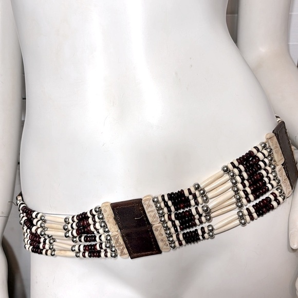 Leather Vintage Beaded Ivory Boho Belt - Picture 1 of 17